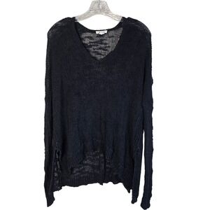 HELMUT LANG 100% Silk Knit Sweater Black V-Neck Oversized Open Weave Size P